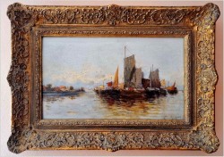 Stara marynistyka! Łodzie na redzie - Hans Johann Wagner ur. (Österreich 1866 – 1940) Pozycja II