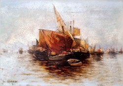 Stara marynistyka! Łodzie na redzie - Hans Johann Wagner ur. (Österreich 1866 – 1940) Pozycja I