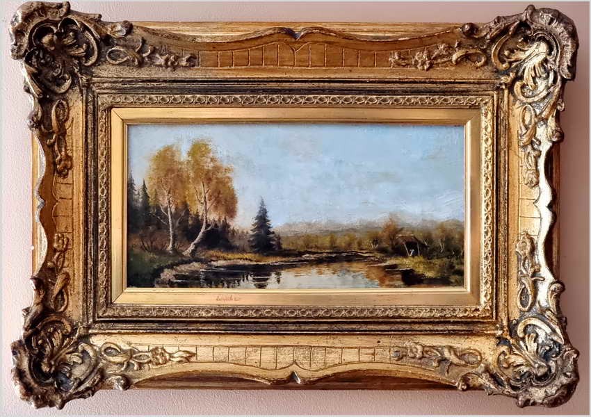 Sielski krajobraz! Rozlewisko wodne ze sztafażem - Sygn. Reinisch (Niemcy XXw.)