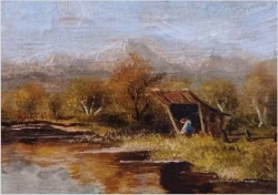 Sielski krajobraz! Rozlewisko wodne ze sztafażem - Sygn. Reinisch (Niemcy XXw.)