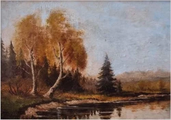 Sielski krajobraz! Rozlewisko wodne ze sztafażem - Sygn. Reinisch (Niemcy XXw.)