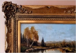 Sielski krajobraz! Rozlewisko wodne ze sztafażem - Sygn. Reinisch (Niemcy XXw.)