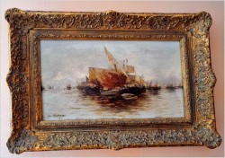 Stara marynistyka! Łodzie na redzie - Hans Johann Wagner ur. (Österreich 1866 – 1940) Pozycja I