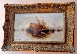 Stara marynistyka! Łodzie na redzie - Hans Johann Wagner ur. (Österreich 1866 – 1940) Pozycja I