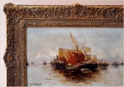 Stara marynistyka! Łodzie na redzie - Hans Johann Wagner ur. (Österreich 1866 – 1940) Pozycja I