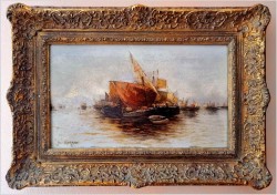 Stara marynistyka! Łodzie na redzie - Hans Johann Wagner ur. (Österreich 1866 – 1940) Pozycja I