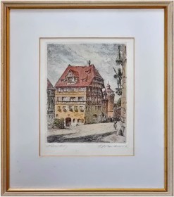 Oryginalna duża stara grafika! Dom Albrechta Dürera w Nürnberg XXw.