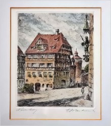Oryginalna duża stara grafika! Dom Albrechta Dürera w Nürnberg XXw.
