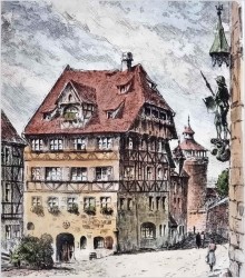 Oryginalna duża stara grafika! Dom Albrechta Dürera w Nürnberg XXw.