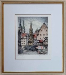 Duża stara grafika! Piękna Studnia (Schöner Brunnen) w Nürnberg XXw. 
