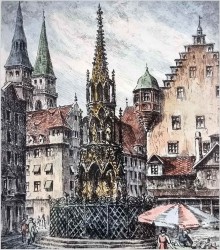 Duża stara grafika! Piękna Studnia (Schöner Brunnen) w Nürnberg XXw.