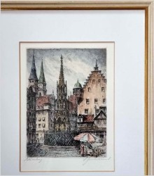 Duża stara grafika! Piękna Studnia (Schöner Brunnen) w Nürnberg XXw.