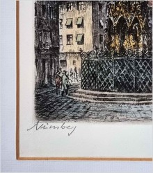 Duża stara grafika! Piękna Studnia (Schöner Brunnen) w Nürnberg XXw.