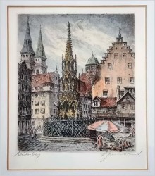 Duża stara grafika! Piękna Studnia (Schöner Brunnen) w Nürnberg XXw.