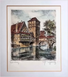 Duża stara grafika! Wieża wodna oraz Henkerbrücke w Nürnberg XXw.