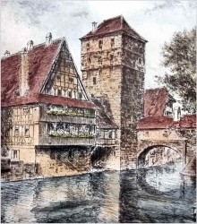 Duża stara grafika! Wieża wodna oraz Henkerbrücke w Nürnberg XXw.
