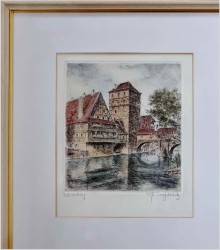 Duża stara grafika! Wieża wodna oraz Henkerbrücke w Nürnberg XXw.