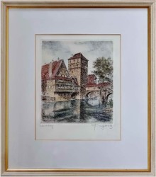 Duża stara grafika! Wieża wodna oraz Henkerbrücke w Nürnberg XXw.