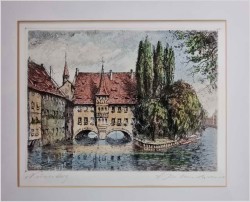 Duża stara grafika! Szpital Ducha Świętego w Nürnberg XXw.