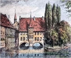 Duża stara grafika! Szpital Ducha Świętego w Nürnberg XXw.