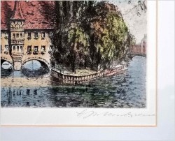 Duża stara grafika! Szpital Ducha Świętego w Nürnberg XXw.