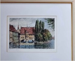 Duża stara grafika! Szpital Ducha Świętego w Nürnberg XXw.
