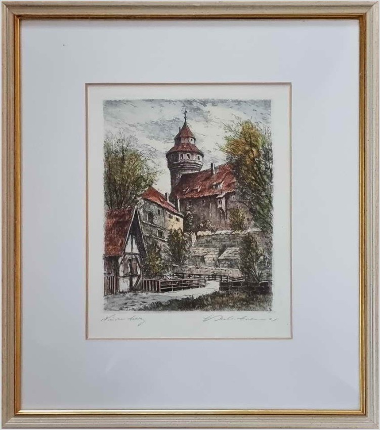 Duża stara grafika! Widok na basztę widokową w Nürnberg XXw. 