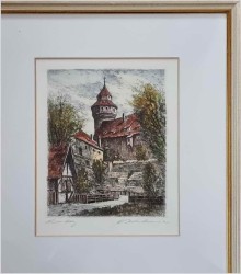 Duża stara grafika! Widok na basztę widokową w Nürnberg XXw.