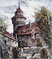 Duża stara grafika! Widok na basztę widokową w Nürnberg XXw.