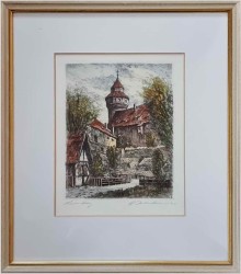 Duża stara grafika! Widok na basztę widokową w Nürnberg XXw.