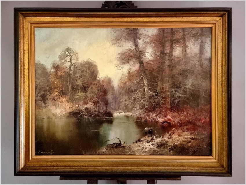 Duży obraz olejny do salonu! Rozlewisko i mokradło leśne - G. Lehnhoff (geb. 1920 in Wien)