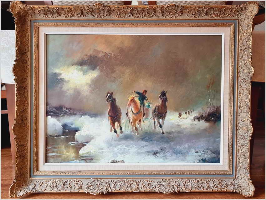 Konna trojka ścigana przez wilki w zimowej scenerii - obraz olejny Michael Borbely *1923