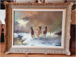 Konna trojka ścigana przez wilki w zimowej scenerii - obraz olejny Michael Borbely *1923