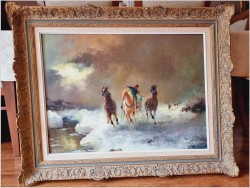 Konna trojka ścigana przez wilki w zimowej scenerii - obraz olejny Michael Borbely *1923