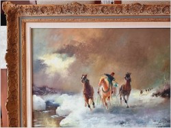 Konna trojka ścigana przez wilki w zimowej scenerii - obraz olejny Michael Borbely *1923