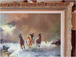 Konna trojka ścigana przez wilki w zimowej scenerii - obraz olejny Michael Borbely *1923