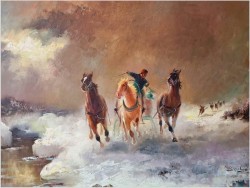 Konna trojka ścigana przez wilki w zimowej scenerii - obraz olejny Michael Borbely *1923