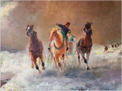 Konna trojka ścigana przez wilki w zimowej scenerii - obraz olejny Michael Borbely *1923