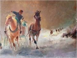 Konna trojka ścigana przez wilki w zimowej scenerii - obraz olejny Michael Borbely *1923