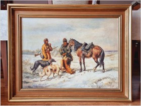 Szkoła monachijska! Na polowaniu z Chartami Stare malarstwo olejne - München XIXw.