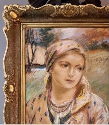 Aukcyjne malarstwo! Piękny pastel młodej góralki ~ Stanisław Górski (1887-1955)