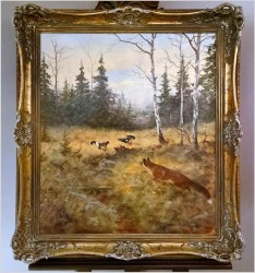 Super Malarstwo! Lis polujący na bażanty - oryg. Georg Majewicz (1897-1965)