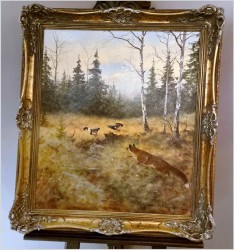 Super Malarstwo! Lis polujący na bażanty - oryg. Georg Majewicz (1897-1965)