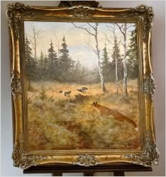 Super Malarstwo! Lis polujący na bażanty - oryg. Georg Majewicz (1897-1965)