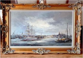 Widok na trójmasztowiec w zatoce portowej - John BÉVORT (1917-1996)