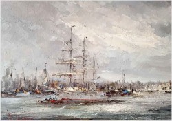 7. Widok na trójmasztowiec w zatoce portowej - John BÉVORT (1917-1996)