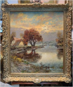 Malarstwo szpachlowe! Zachód słońca nad brzegiem rzeki - Christian Stemmeler *1928 