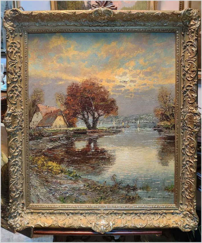 Malarstwo szpachlowe! Zachód słońca nad brzegiem rzeki - Christian Stemmeler *1928 