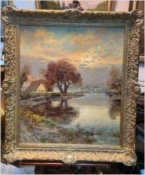 Malarstwo szpachlowe! Zachód słońca nad brzegiem rzeki - Christian Stemmeler *1928 