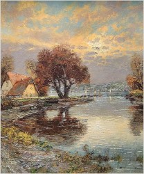 Malarstwo szpachlowe! Zachód słońca nad brzegiem rzeki - Christian Stemmeler *1928 